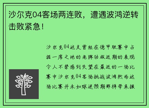 沙尔克04客场两连败，遭遇波鸿逆转击败紧急！