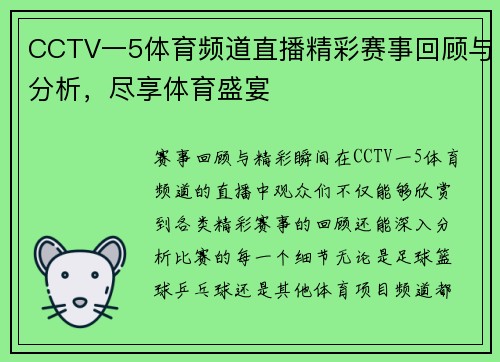 CCTV一5体育频道直播精彩赛事回顾与分析，尽享体育盛宴